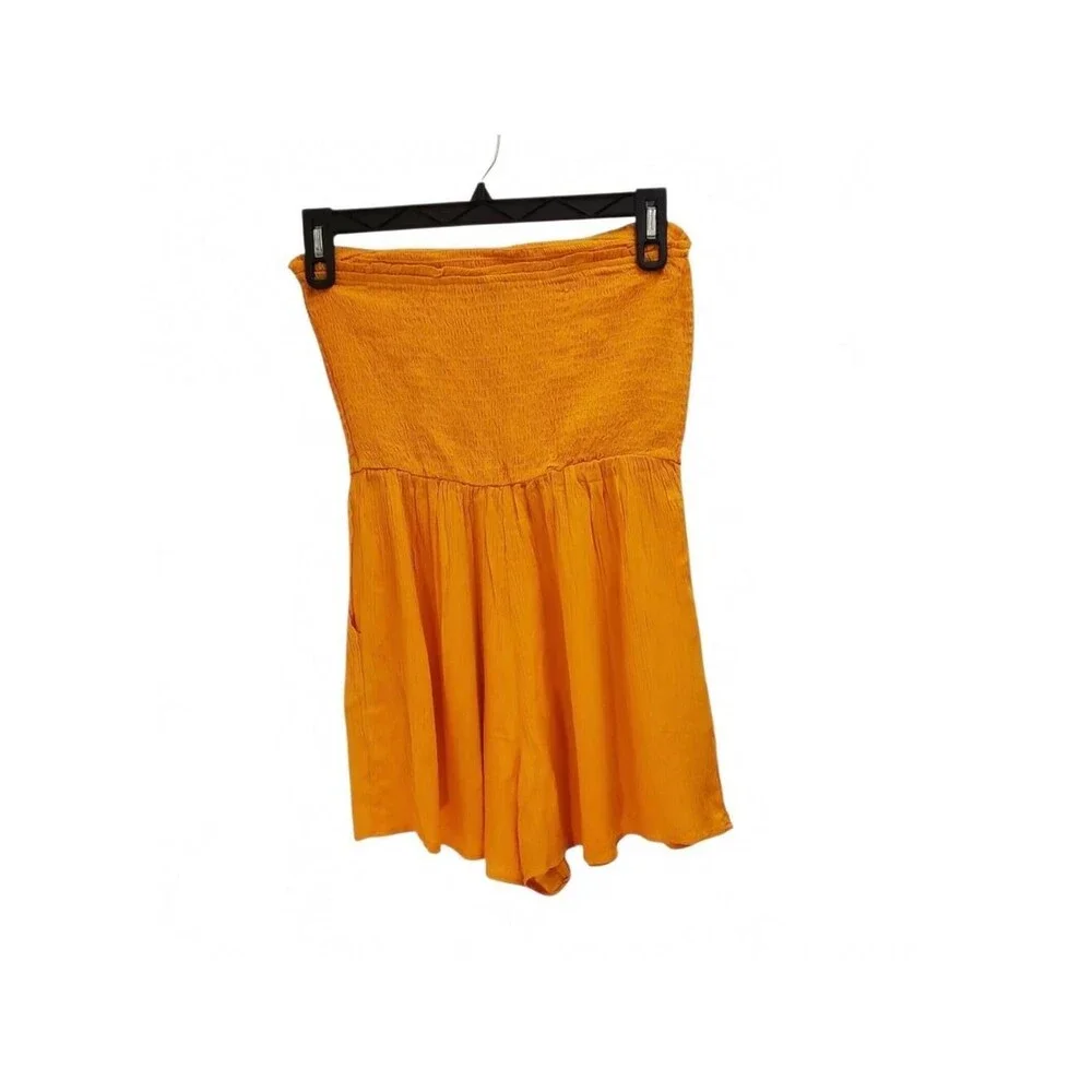 Wild Fable Women Orange Smocked Tube Romper Tie Waist Pockets Size M